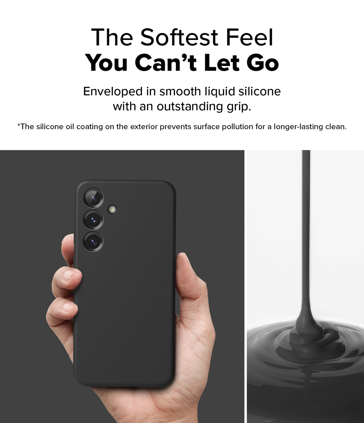 [Bundle] Galaxy S25 | Silicone Magnetic - Hand holding a black silicone phone case next to liquid silicone pouring.
