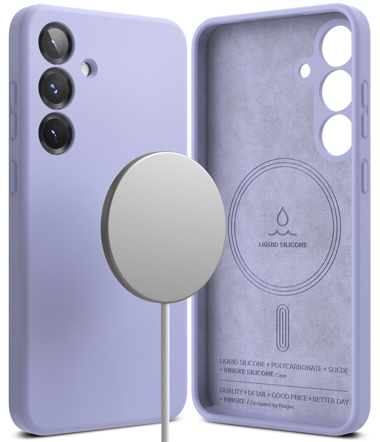Galaxy S25 Case | Silicone Magnetic - Lavender silicone phone case with magnetic charger and interior suede lining.