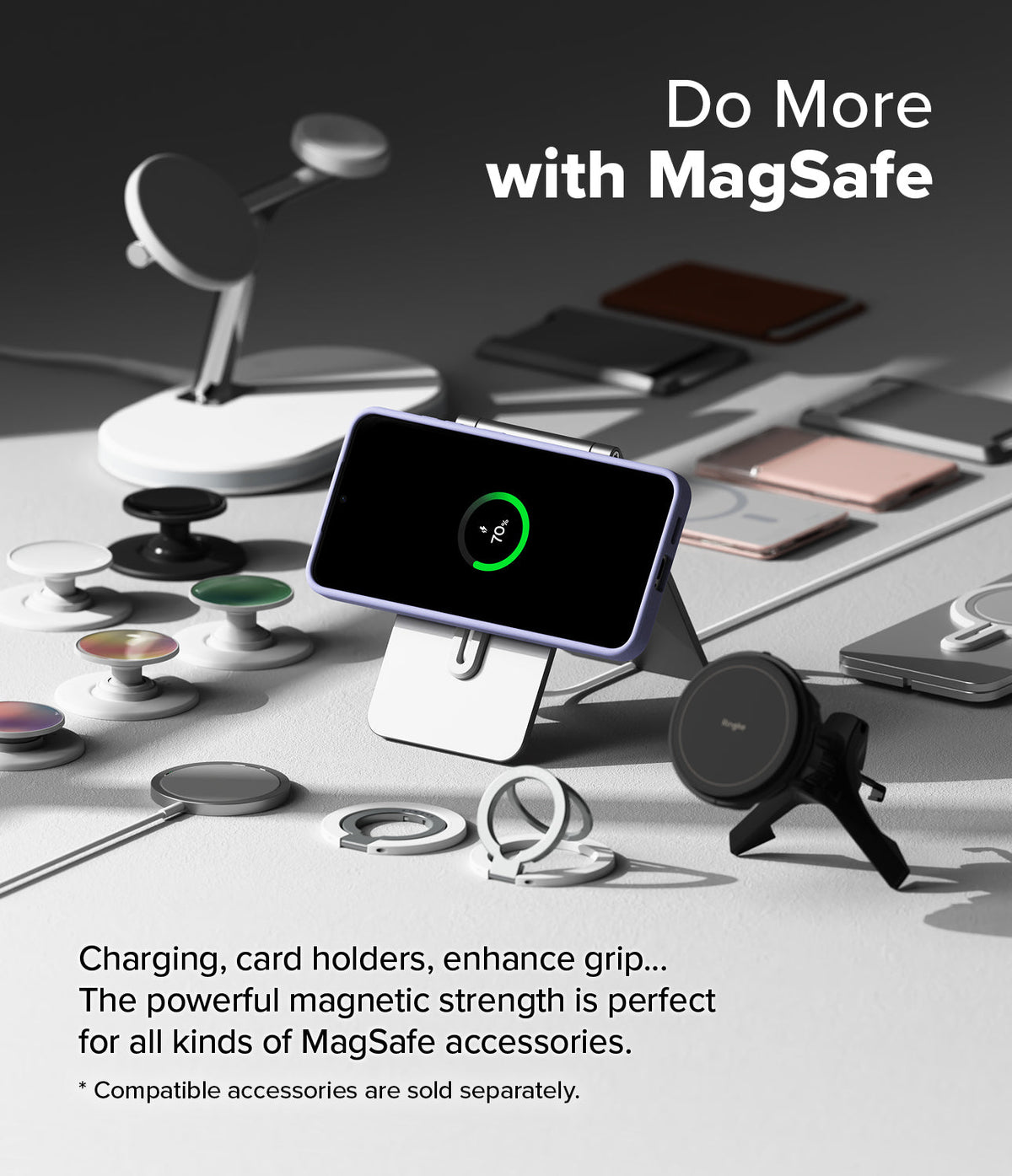Galaxy S25 Case | Silicone Magnetic - Lavender phone case charging on a magnetic stand surrounded by MagSafe accessories.