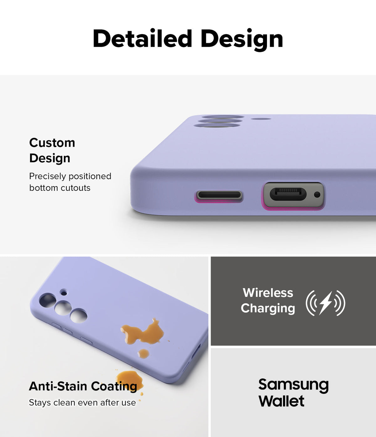 Galaxy S25 Case | Silicone Magnetic - Lavender phone case showing precise cutouts, anti-stain coating, and charging icons.