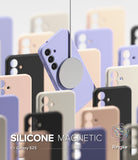 [Bundle] Galaxy S25 | Silicone Magnetic - A lavender phone case suspended by a magnetic charger surrounded by various colored silicone cases.