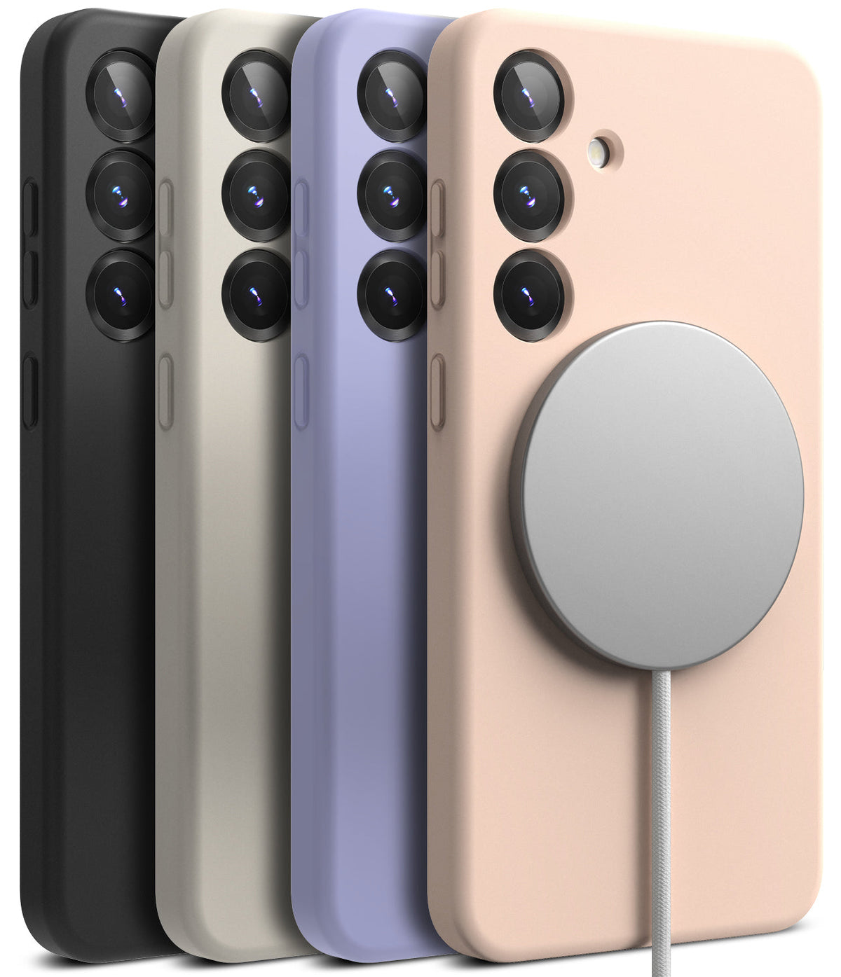 Galaxy S25 Case | Silicone Magnetic - Four Galaxy S25 silicone cases in black, beige, purple, and peach with a magnetic charger.