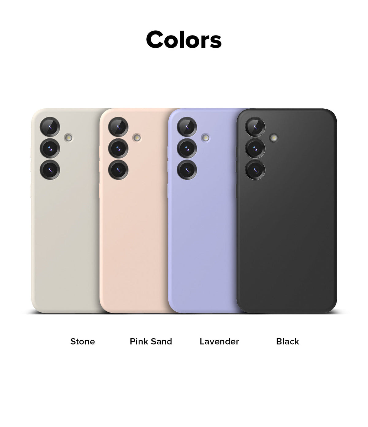 Galaxy S25 Case | Silicone Magnetic - Four Galaxy S25 phones in stone, pink sand, lavender, and black silicone cases.