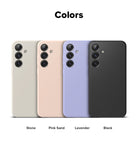 Galaxy S25 Case | Silicone Magnetic - Four Galaxy S25 phones in stone, pink sand, lavender, and black silicone cases.