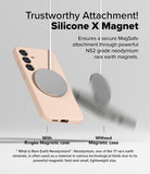 Galaxy S25 Case | Silicone Magnetic - A beige phone case securely attached to a magnetic charger versus one falling off.