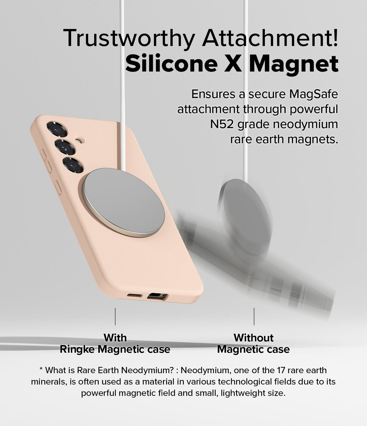 [Bundle] Galaxy S25 | Silicone Magnetic - A beige phone case securely holding a magnetic charger versus one falling off.