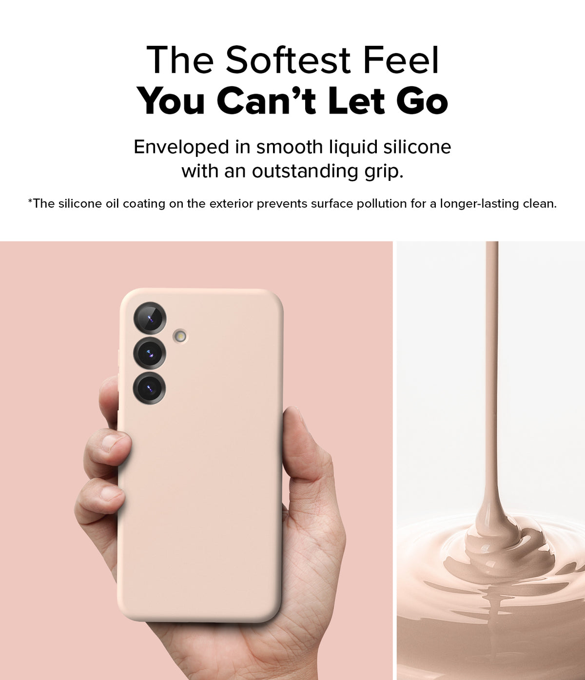 [Bundle] Galaxy S25 | Silicone Magnetic - Hand holding a beige silicone phone case next to a pour of liquid silicone.