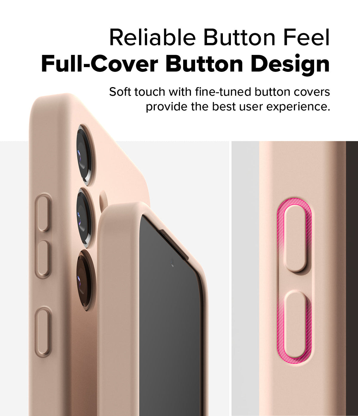Galaxy S25 Case | Silicone Magnetic - Close-up of a pink phone case highlighting the tactile, full-cover button design.