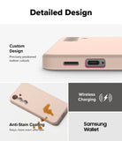 Galaxy S25 Case | Silicone Magnetic - Close-up of pink phone case showing precise cutouts, anti-stain coating, and wireless charging.