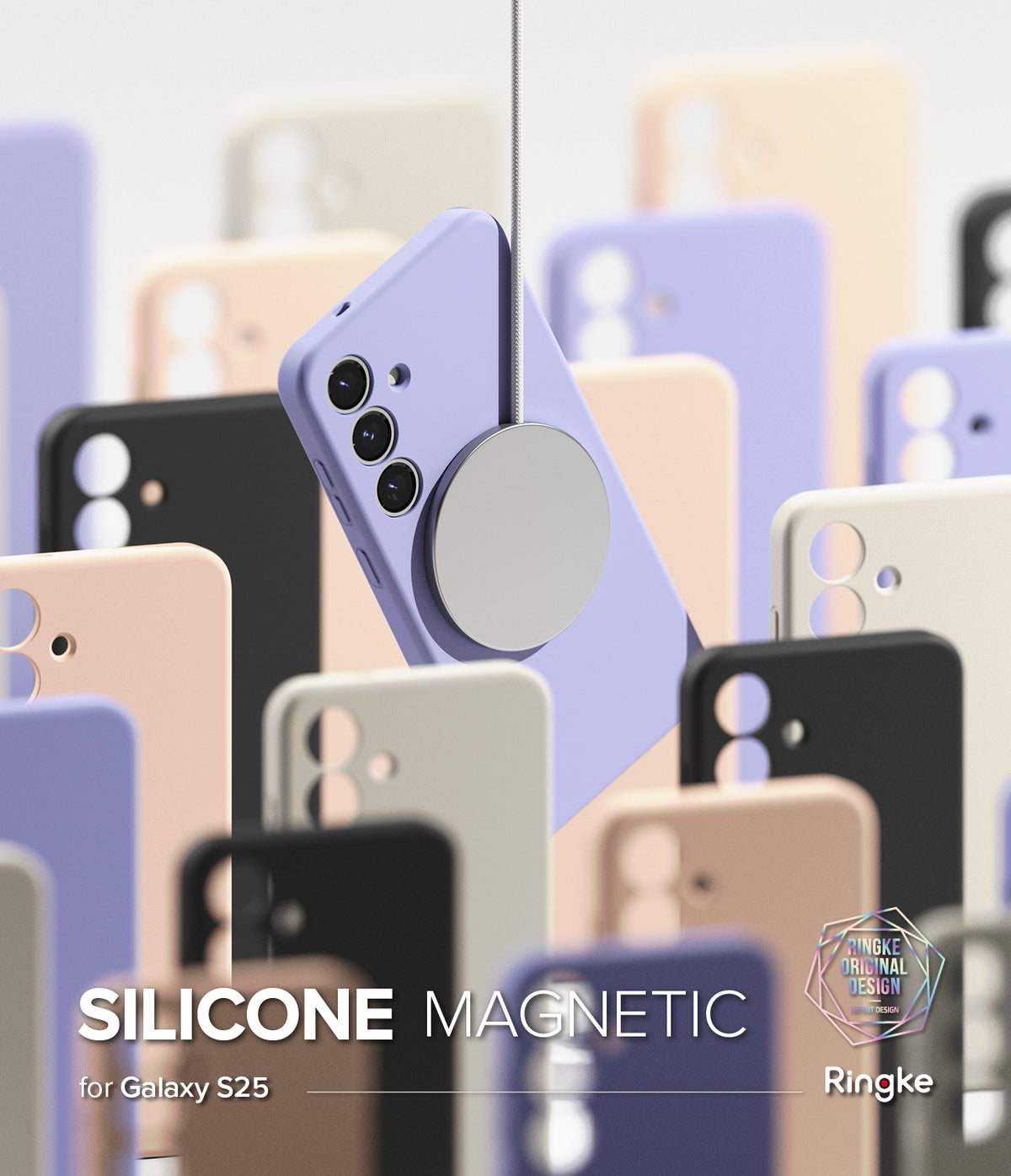 [Bundle] Galaxy S25 | Silicone Magnetic - A lavender magnetic phone case suspended by a charger among various colored cases.