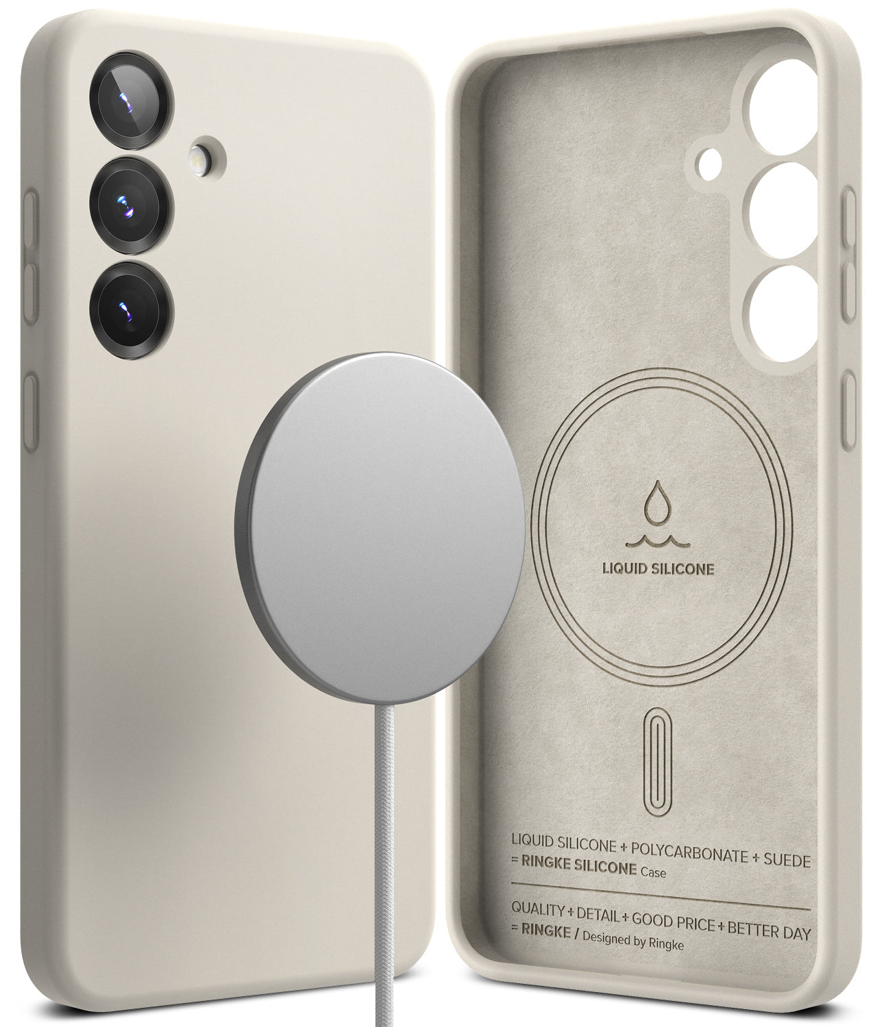 Galaxy S25 Case | Silicone Magnetic - Beige silicone phone case with magnetic ring, showing exterior and suede interior.