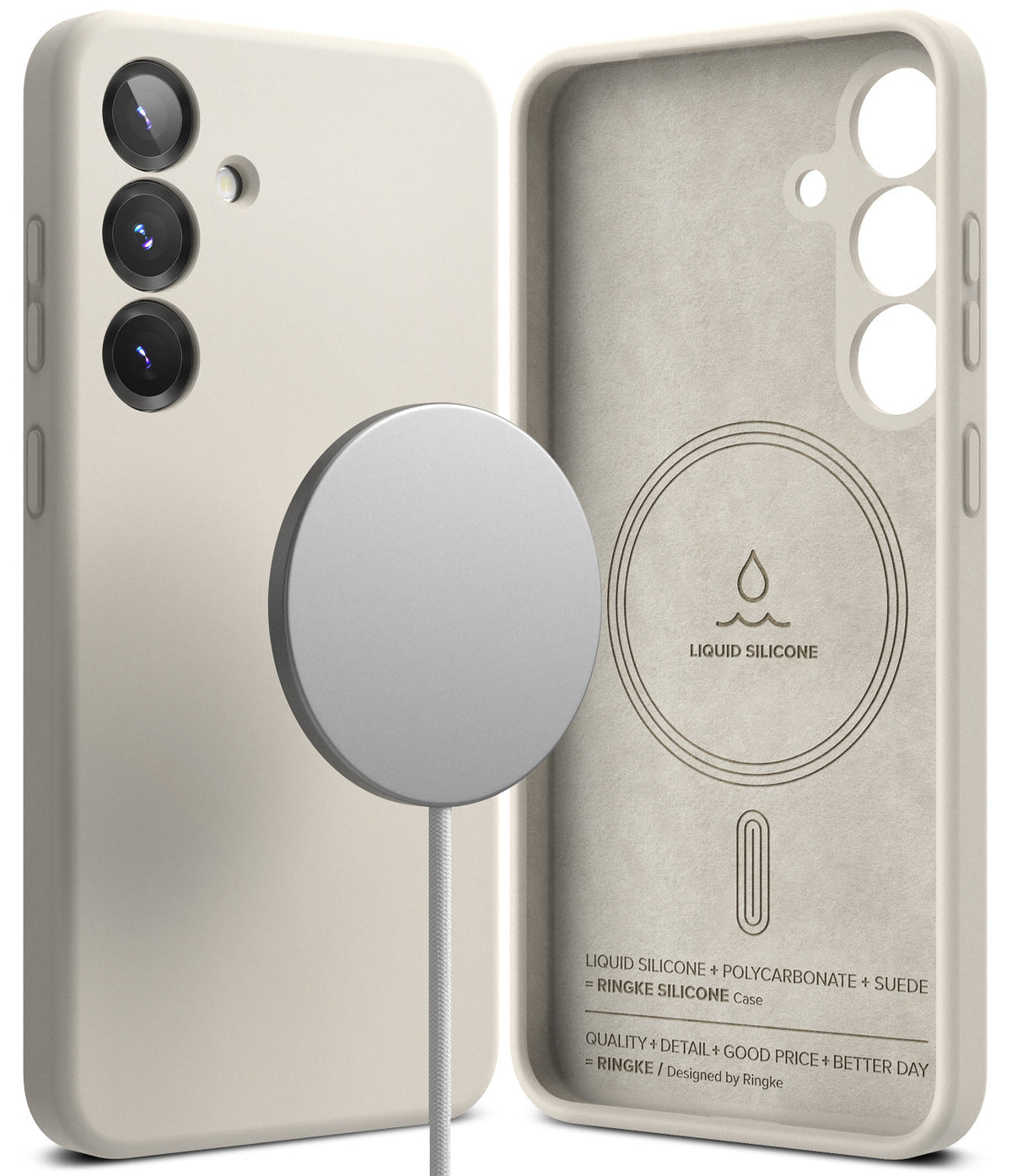 Galaxy S25 Case | Silicone Magnetic - Beige silicone phone case with magnetic ring, showing exterior and suede interior.