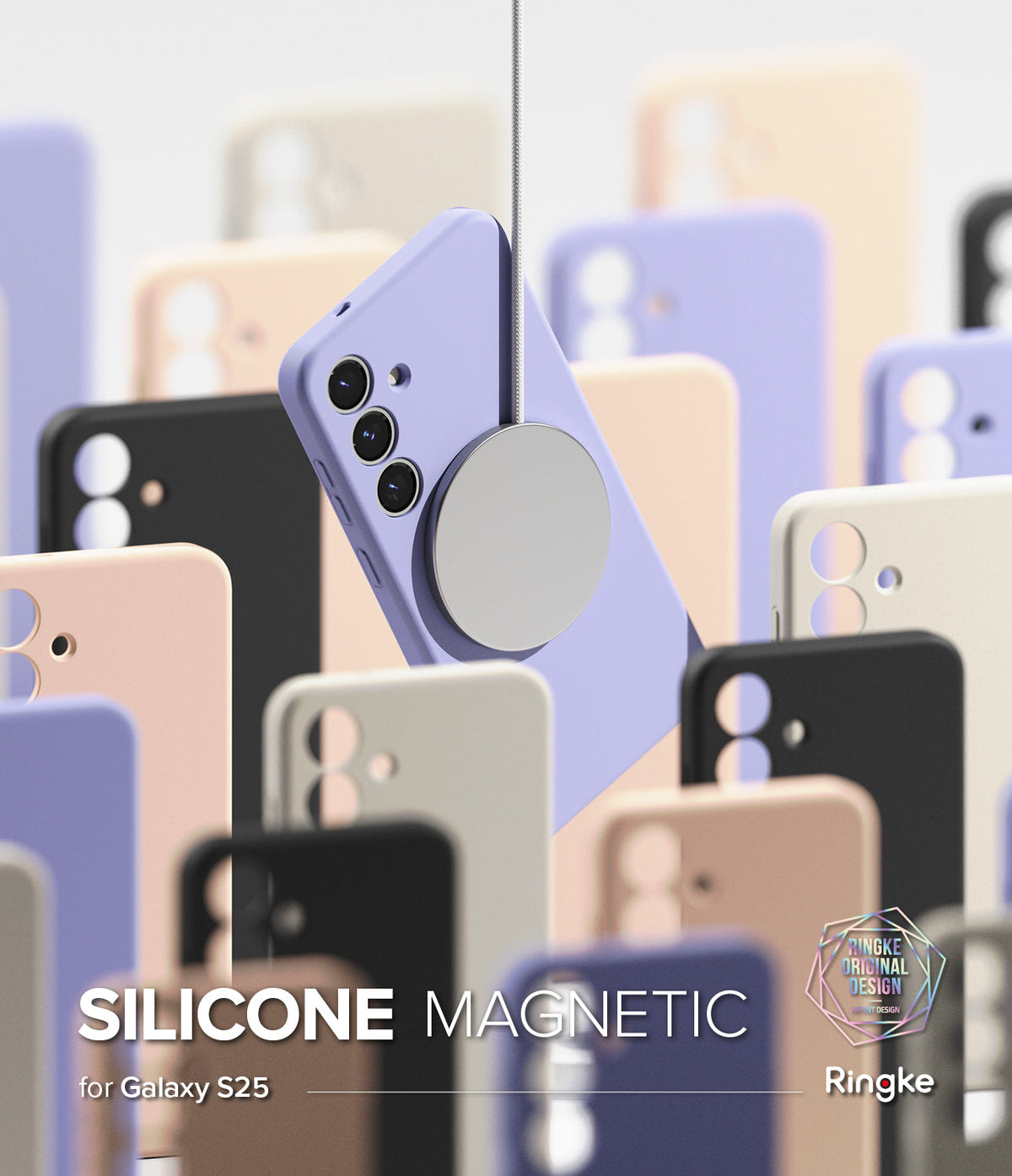 Galaxy S25 Case | Silicone Magnetic - A lavender phone case suspended by a magnetic charger amidst various colored cases.