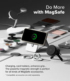 Galaxy S25 Case | Silicone Magnetic - Smartphone in a magnetic case charging on a stand surrounded by MagSafe accessories.