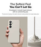 Galaxy S25 Case | Silicone Magnetic - Hand holding a beige silicone phone case next to liquid silicone pouring.