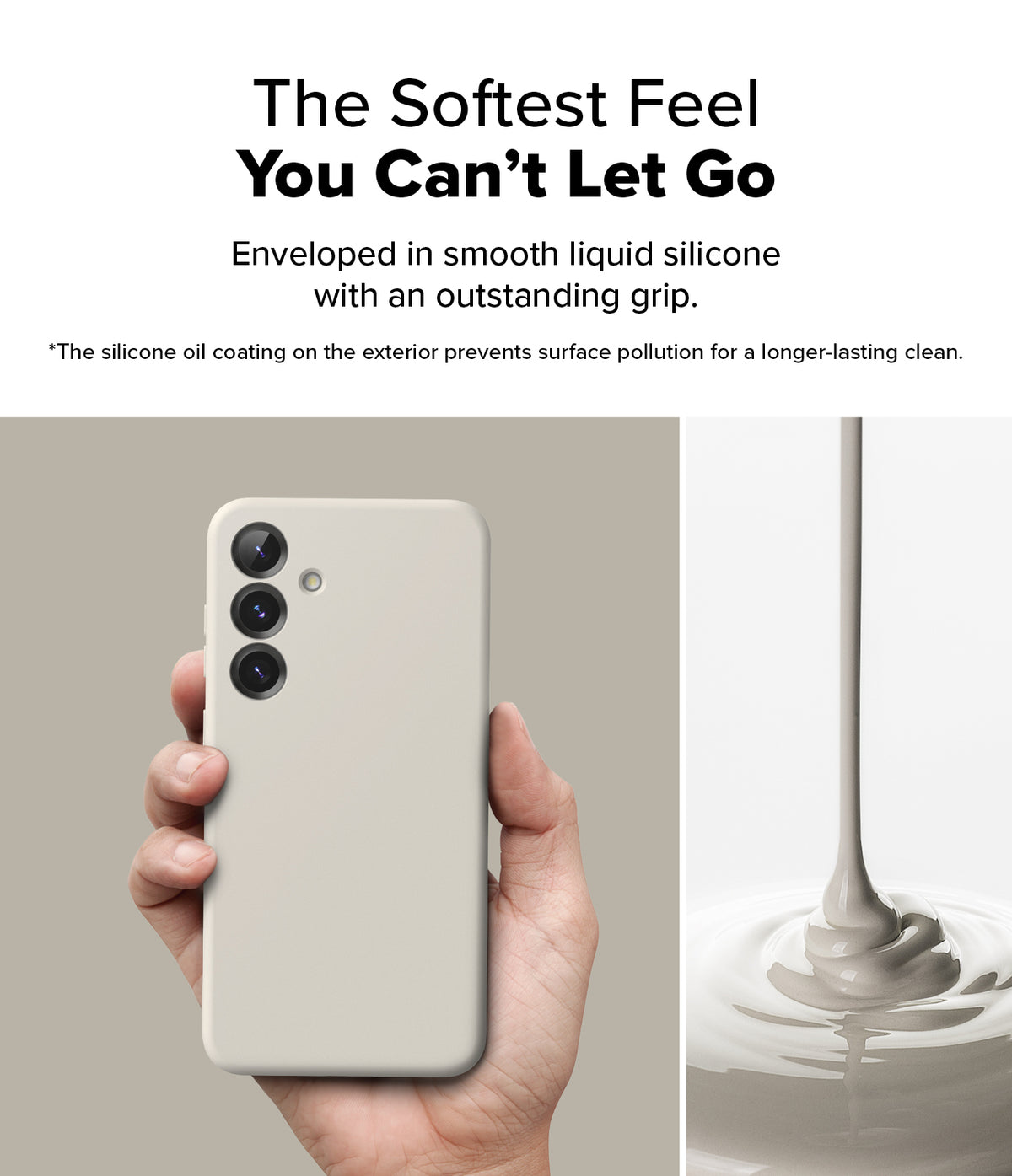 [Bundle] Galaxy S25 | Silicone Magnetic - Hand holding a beige silicone phone case next to liquid silicone pouring.
