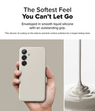 [Bundle] Galaxy S25 | Silicone Magnetic - Hand holding a beige silicone phone case next to liquid silicone pouring.
