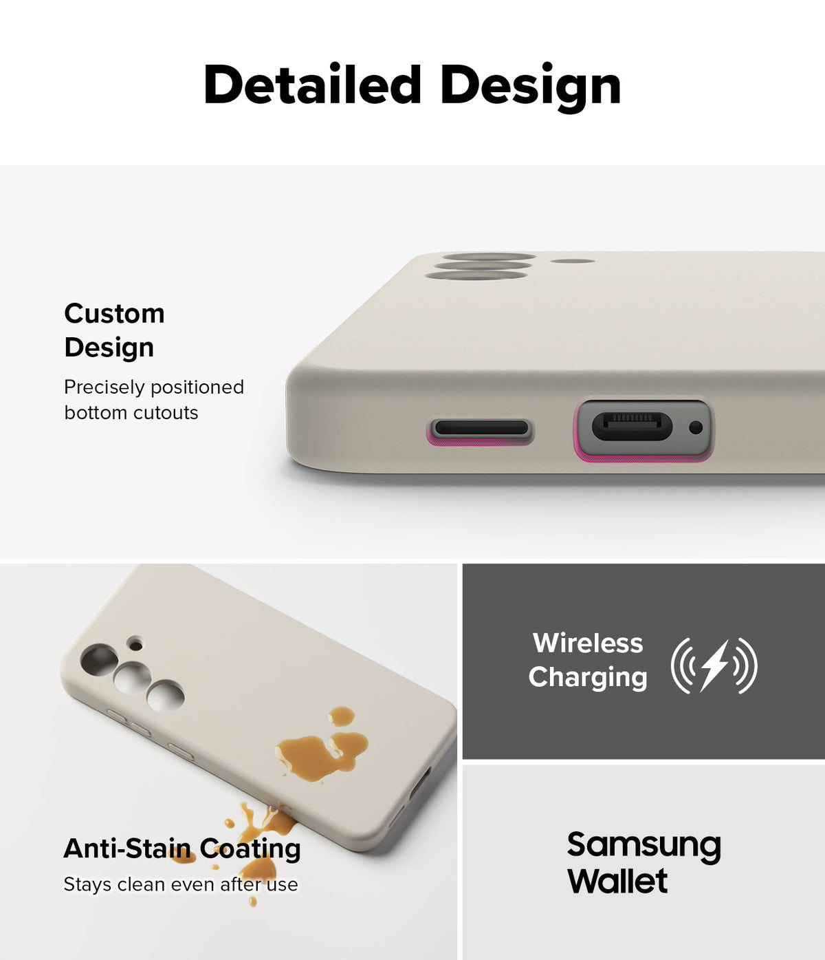 Galaxy S25 Case | Silicone Magnetic - Close-up of precise cutouts, anti-stain coating, and wireless charging compatibility.