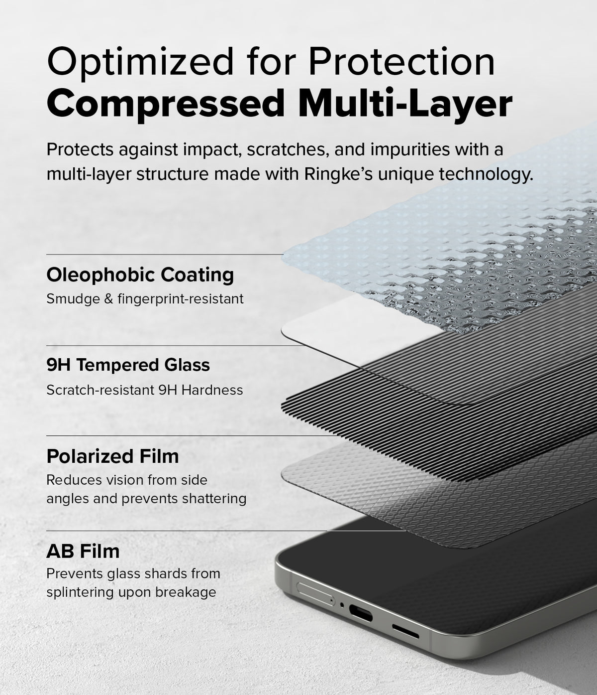 Galaxy S25 Plus Screen Protector | Easy Slide Privacy Tempered Glass - Galaxy S25 Plus Screen Protector - Exploded view showing four layers of tempered glass protection for a smartphone.
