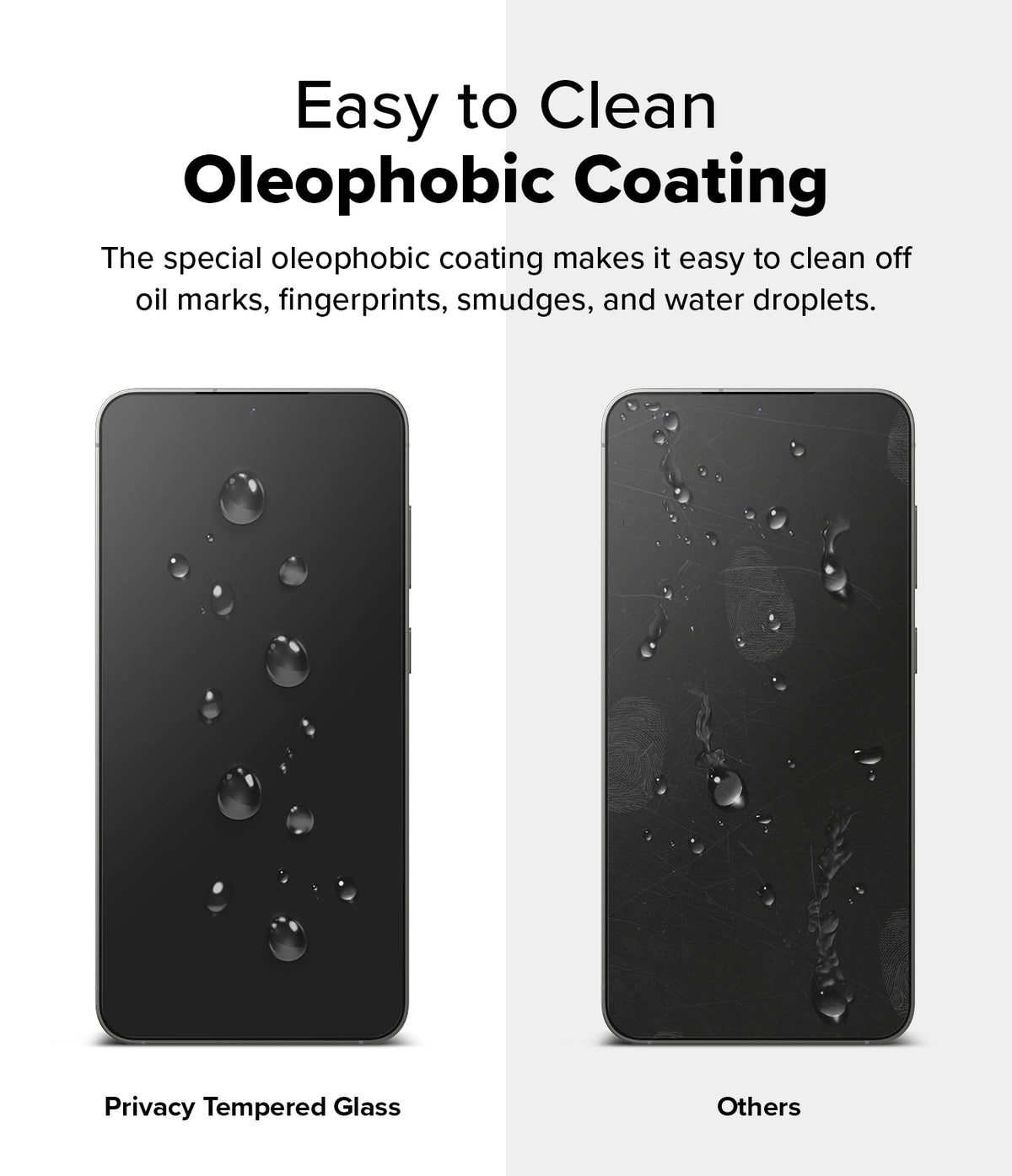 Galaxy S25 Plus Screen Protector | Easy Slide Privacy Tempered Glass - Galaxy S25 Plus Screen Protector - Comparison showing clean oleophobic glass versus a smudged screen with fingerprints.