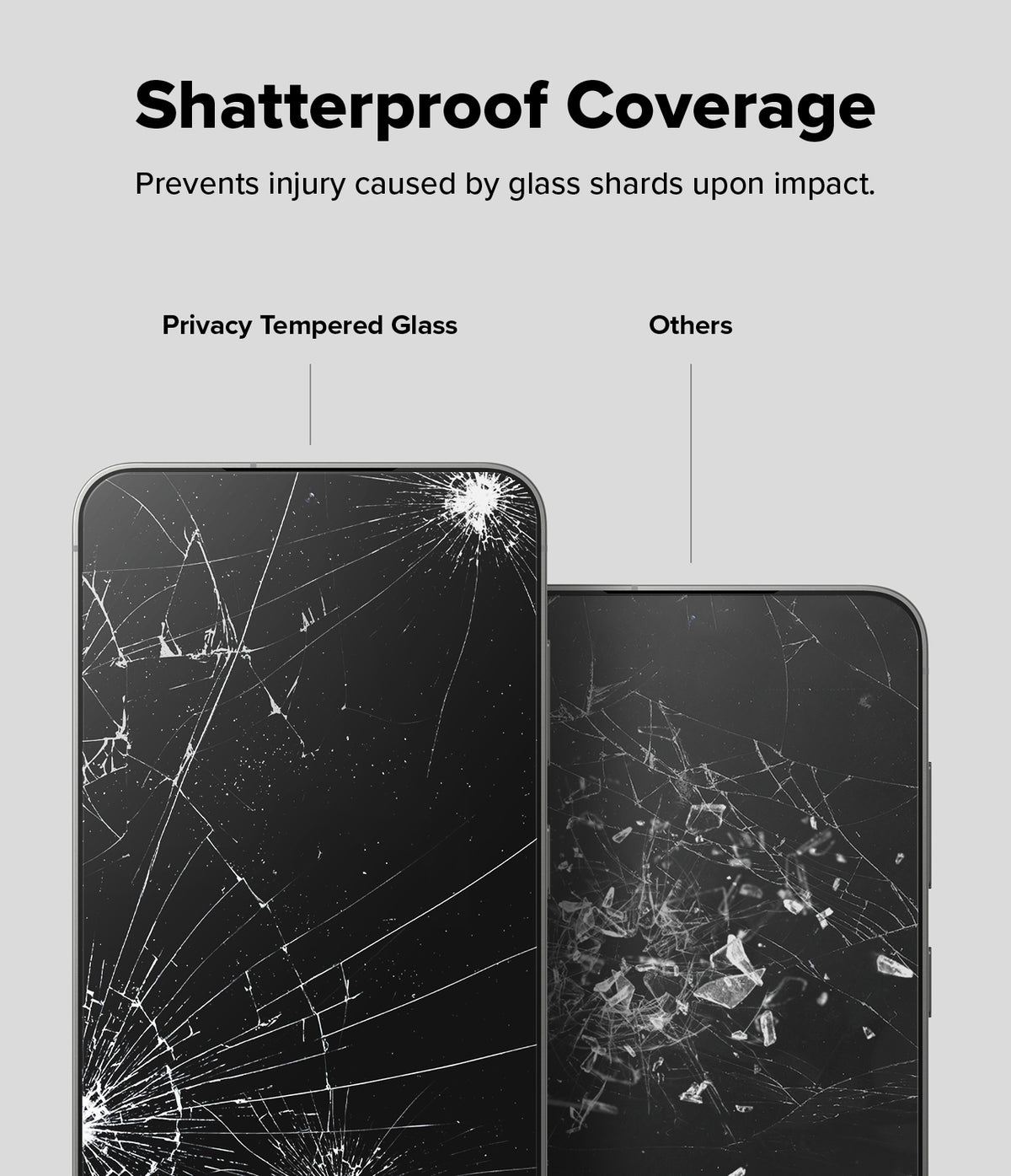 Galaxy S25 Plus Screen Protector | Easy Slide Privacy Tempered Glass - Galaxy S25 Plus Screen Protector - Comparison showing shattered privacy glass held together versus loose shards.