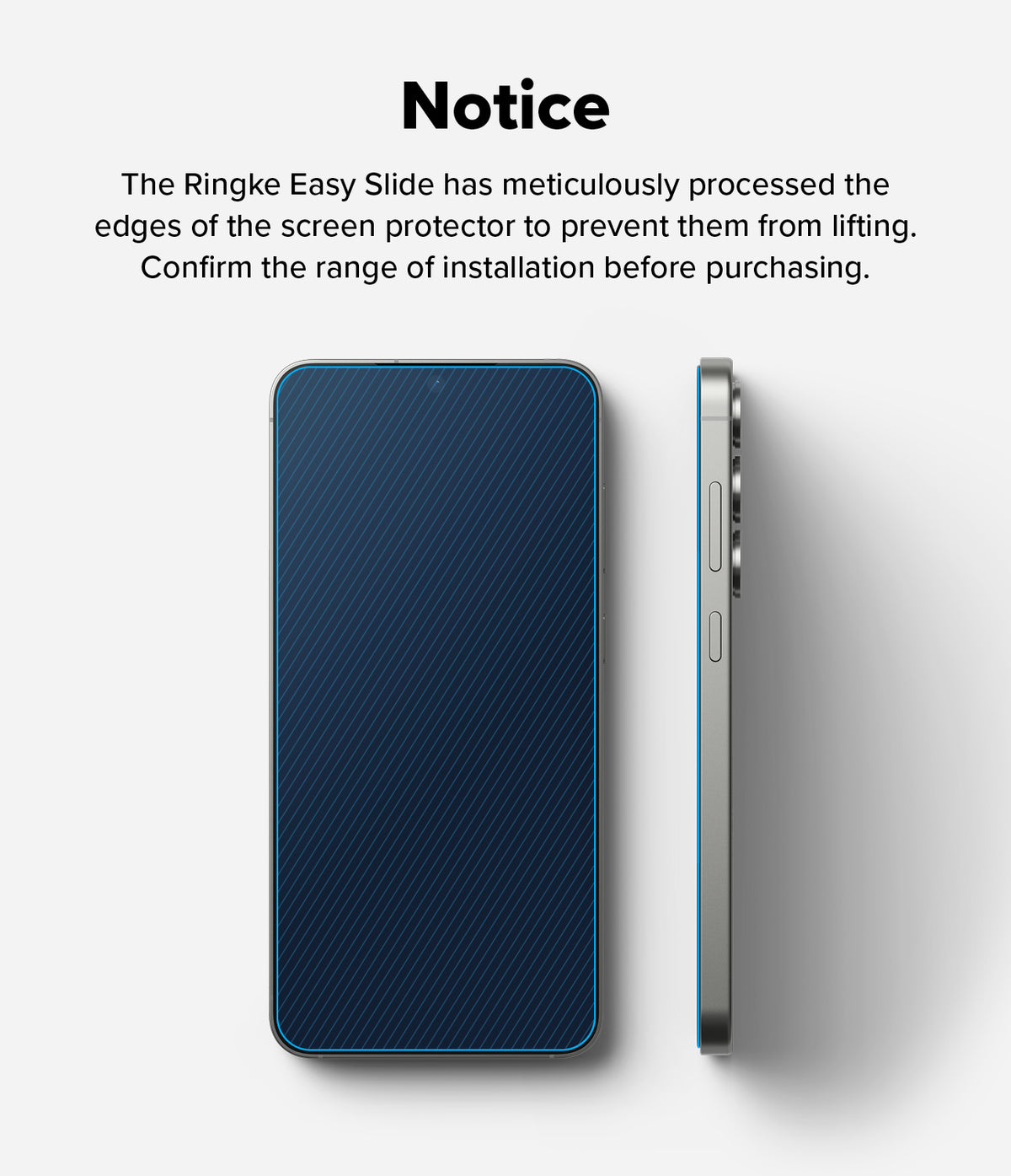 Galaxy S25 Plus Screen Protector | Easy Slide Privacy Tempered Glass - Galaxy S25 Plus Screen Protector - Front and side views of a smartphone showing the screen protector edge coverage.