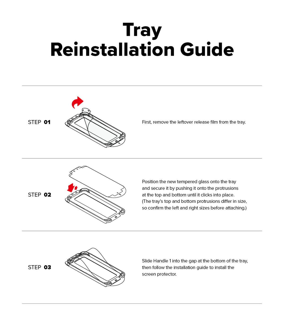 Galaxy S25 Plus Screen Protector | Easy Slide Privacy Tempered Glass - Galaxy S25 Plus Screen Protector - Three-step instructional diagram for reinstalling a screen protector onto an alignment tray.