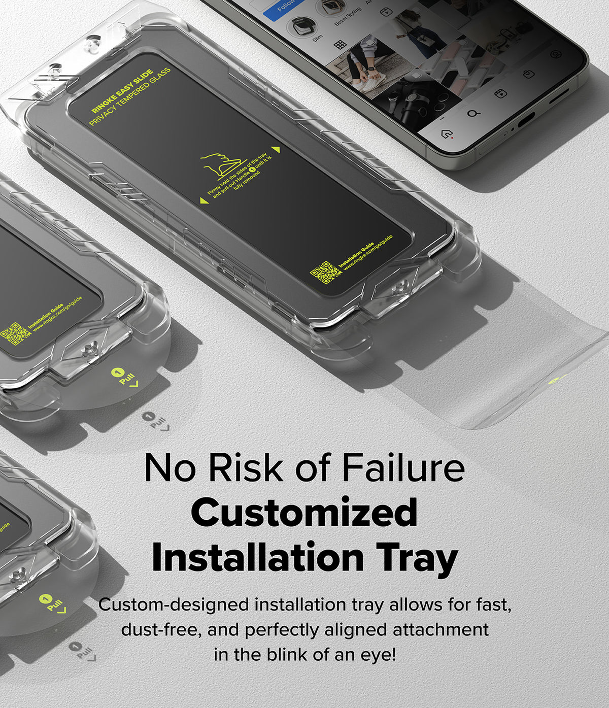 [Bundle] Galaxy S25 Plus | Silicone Magnetic - Galaxy S25 Plus | Silicone Magnetic - Easy slide privacy screen protector installation tray for a smartphone.
