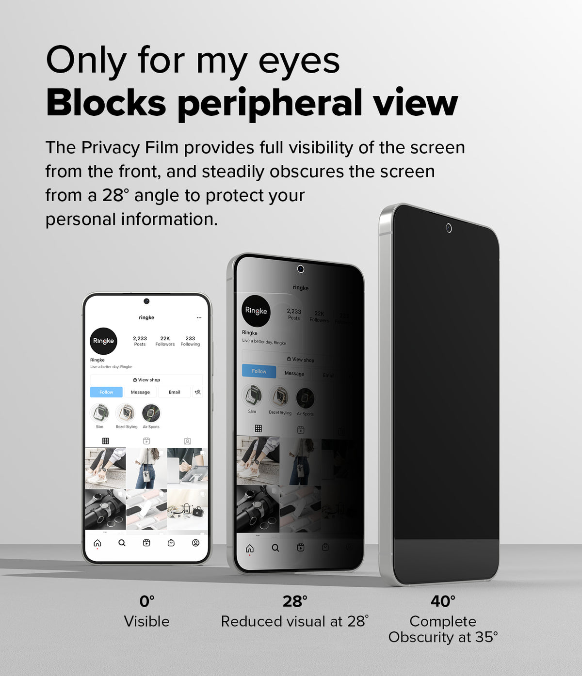 [Bundle] Galaxy S25 Plus | Silicone Magnetic - Three phones showing privacy screen film visibility at 0, 28, and 40 degrees.