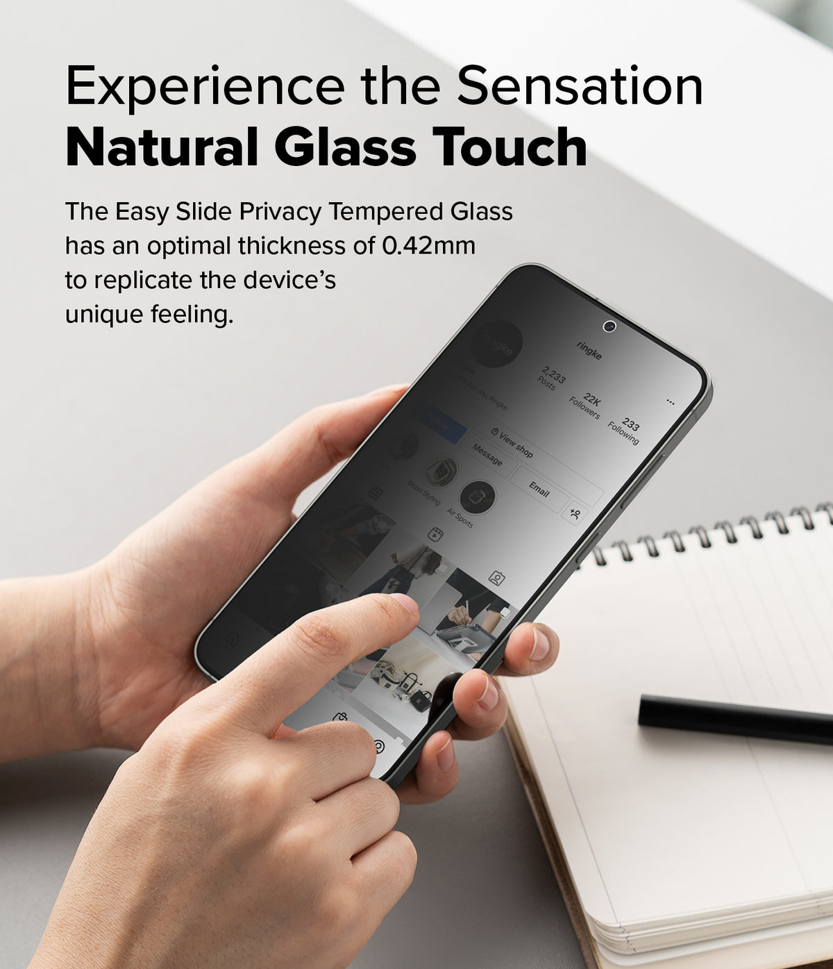 Galaxy S25 Plus Screen Protector | Easy Slide Privacy Tempered Glass - Galaxy S25 Plus Screen Protector - Hand holding a smartphone with privacy glass, displaying a social media profile.