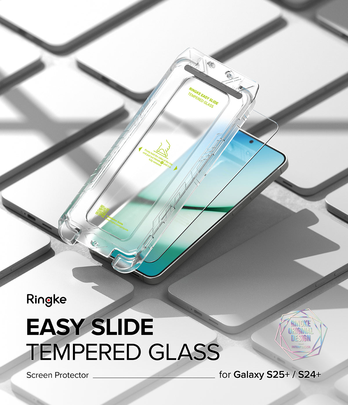 Galaxy S25 Plus Screen Protector | Easy Slide Tempered Glass - Installation tray hovering over a smartphone screen.