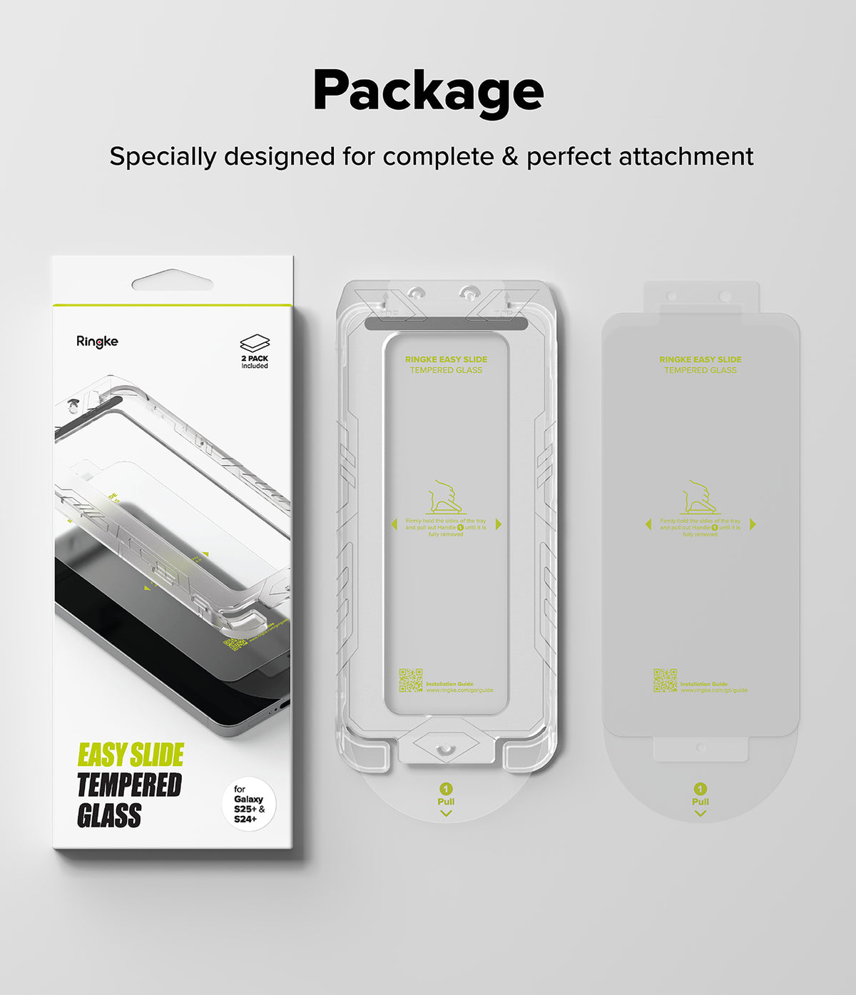 Galaxy S25 Plus Screen Protector | Easy Slide Tempered Glass - Galaxy S25 Plus Screen Protector - Packaging, installation tray, and tempered glass screen protector for Galaxy S25 Plus.