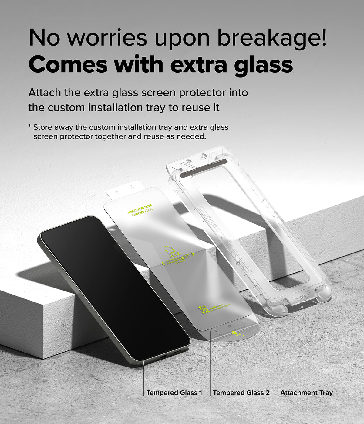 Galaxy S25 Plus Screen Protector | Easy Slide Tempered Glass - Galaxy S25 Plus Screen Protector - Smartphone, two tempered glass sheets, and an installation tray on a gray surface.