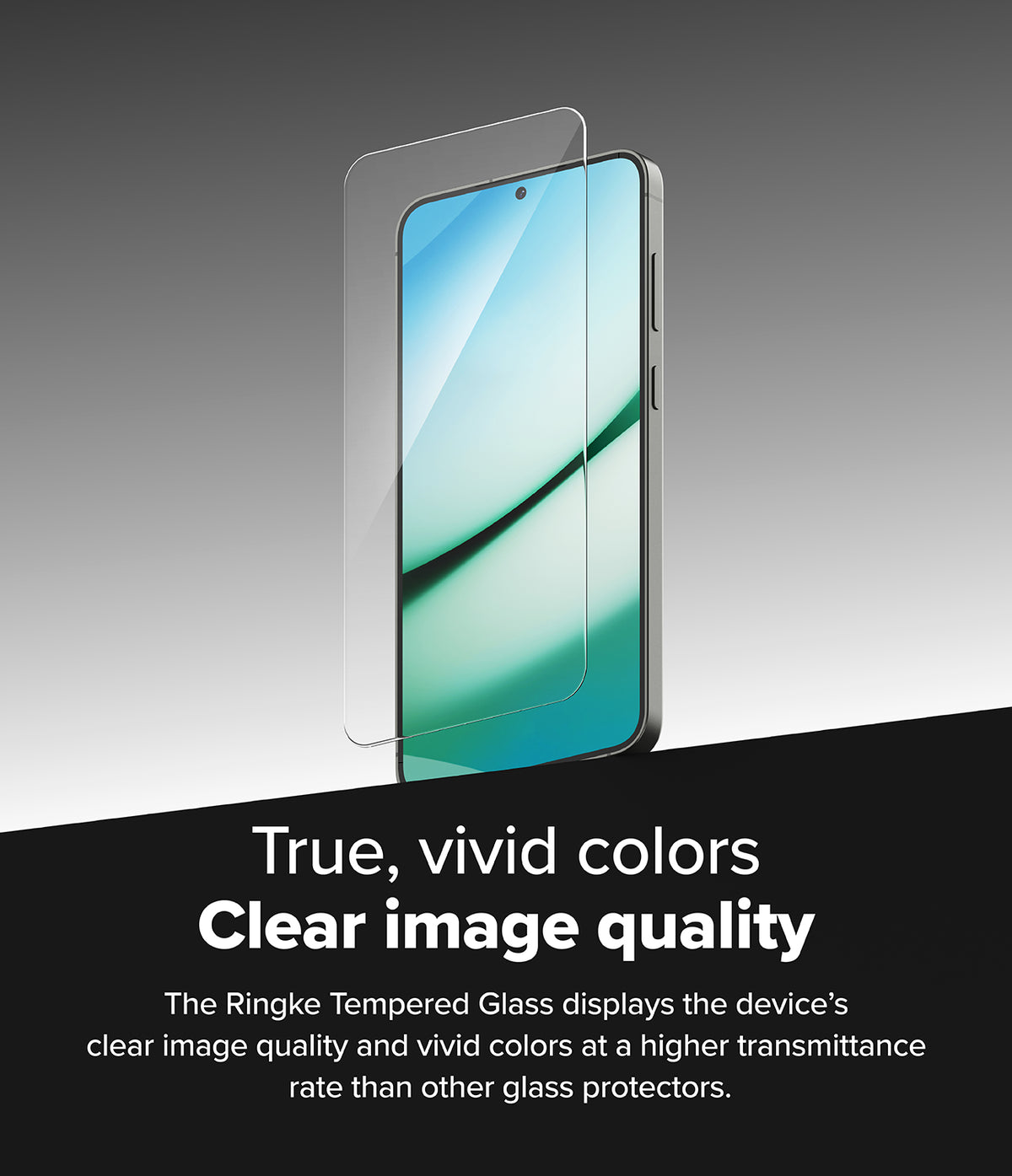 Galaxy S25 Plus Screen Protector | Easy Slide Tempered Glass - Galaxy S25 Plus Screen Protector - Tempered glass hovering over a smartphone screen showing vibrant, clear display colors.