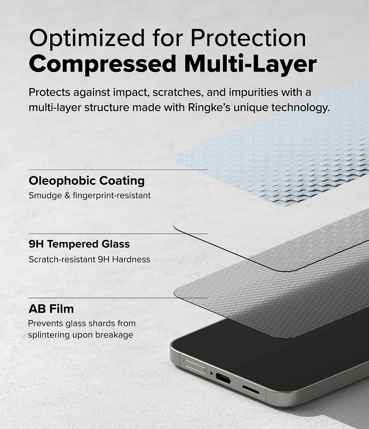 Galaxy S25 Plus Screen Protector | Easy Slide Tempered Glass - Galaxy S25 Plus Screen Protector - Exploded view showing oleophobic coating, 9H tempered glass, and AB film layers.