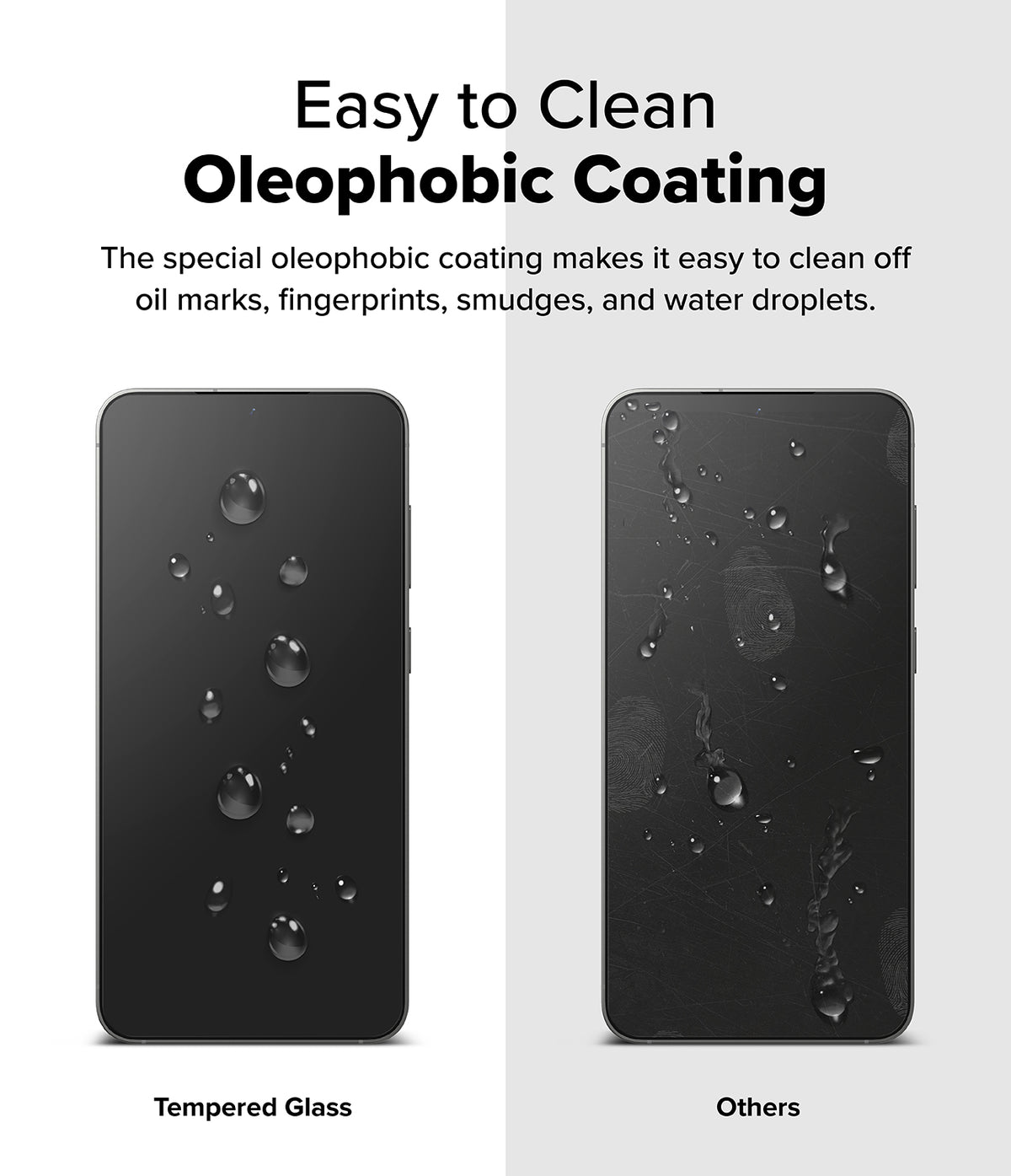 Galaxy S25 Plus Screen Protector | Easy Slide Tempered Glass - Galaxy S25 Plus Screen Protector - Comparison showing water beading on tempered glass versus smudges on standard glass.