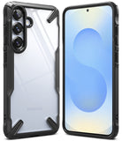 Galaxy S25 Plus Case | Fusion-X - Black rugged protective case with clear back panel shown from front and rear angles.