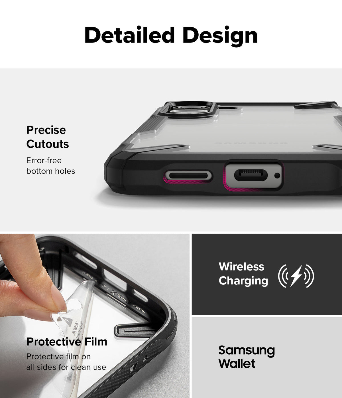 Galaxy S25 Plus Case | Fusion-X - Close-up of phone case cutouts, protective film removal, and wireless charging compatibility icons.