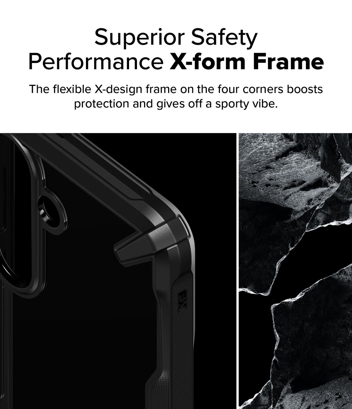 Galaxy S25 Plus Case | Fusion-X - Close-up of a black phone case corner with a reinforced X-design frame next to jagged rock.