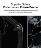 Galaxy S25 Plus Case | Fusion-X - Close-up of a black phone case corner with a reinforced X-design frame next to jagged rock.