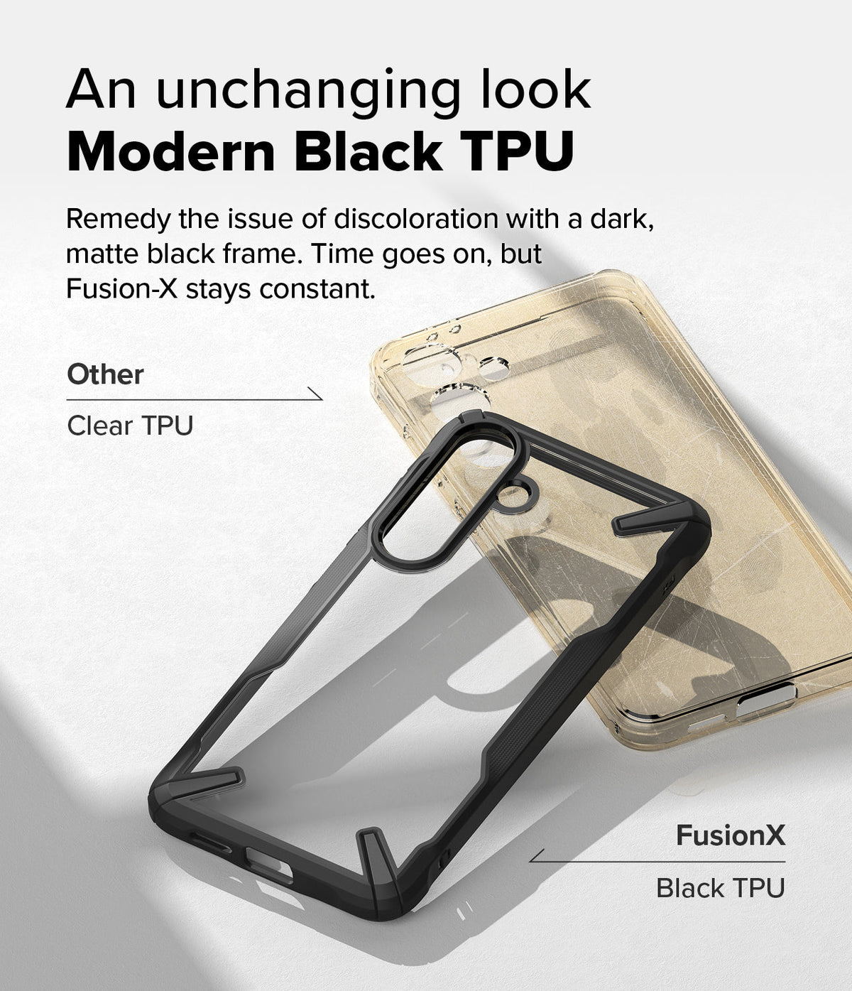 Galaxy S25 Plus Case | Fusion-X - Comparison of a yellowed clear phone case and a pristine black Fusion-X case.