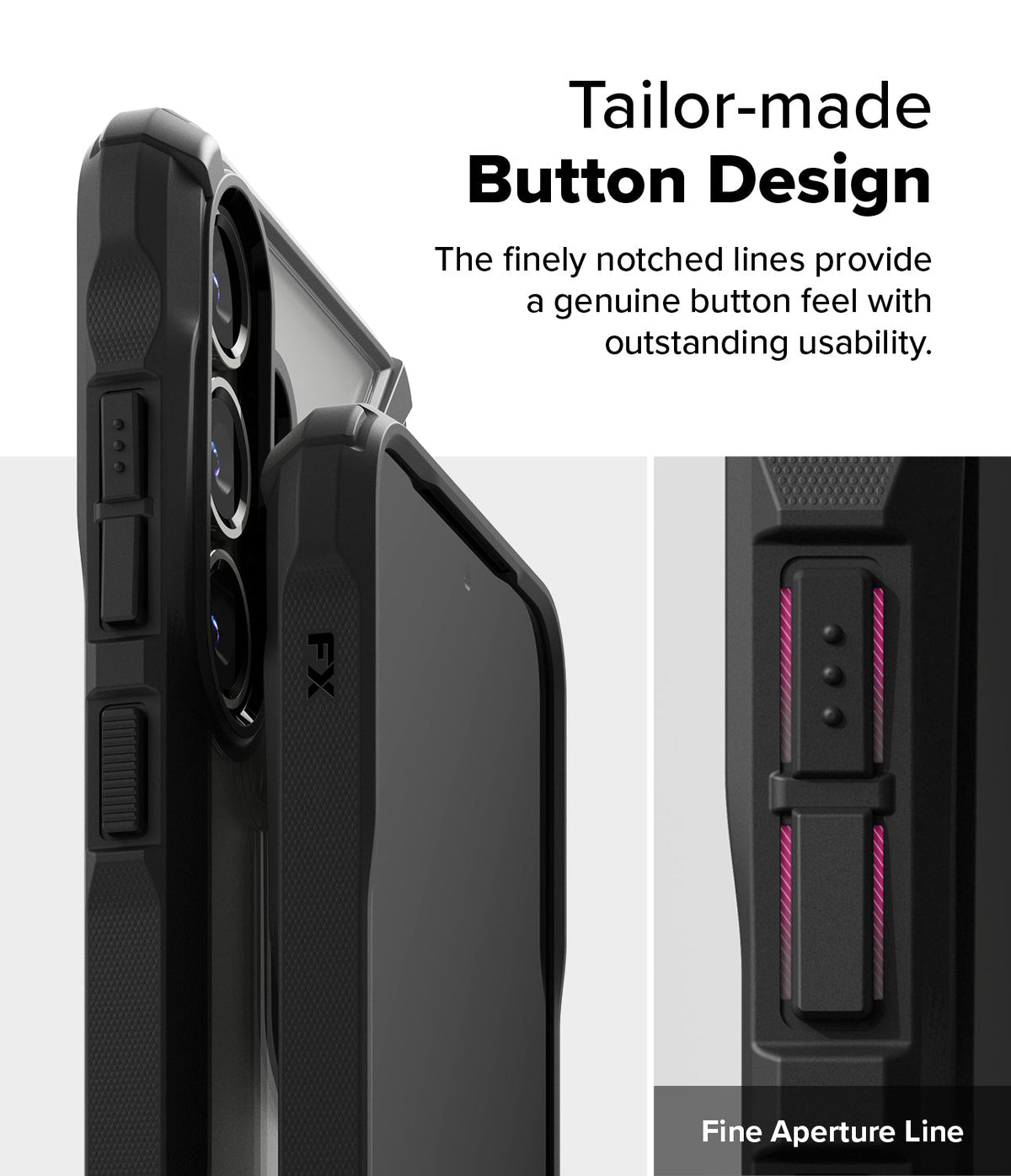 Galaxy S25 Plus Case | Fusion-X - Close-up of black phone case buttons with notched, textured detailing for tactile feedback.