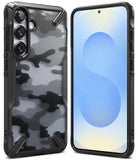 Galaxy S25 Plus Case | Fusion-X - Black camouflage phone case shown from back and front views with a rugged frame.