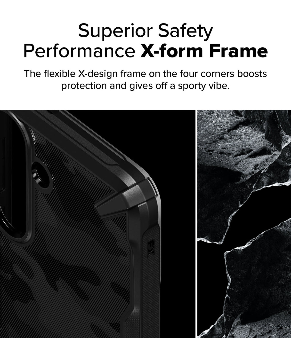 Galaxy S25 Plus Case | Fusion-X - Close-up of a black phone case corner with a reinforced X-design frame next to dark rock textures.