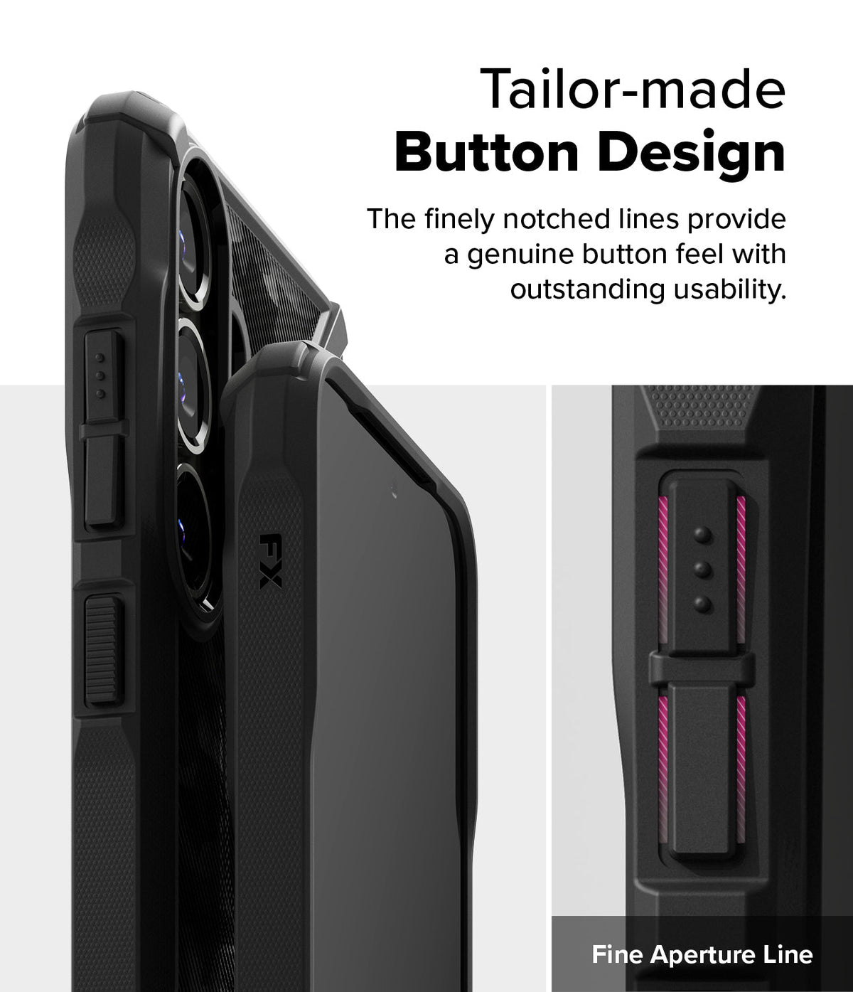 Galaxy S25 Plus Case | Fusion-X - Close-up of phone case buttons with notched, textured edges for tactile feedback.