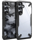 Galaxy S25 Plus Case | Fusion-X - Two Samsung Galaxy S25 Plus phones in black rugged cases, one with camo and one with clear back.