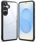 Galaxy S25 Plus Case | Fusion Bold - Front and back view of a clear phone case with a black frame on a smartphone.