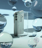 Galaxy S25 Plus Case | Fusion - Clear phone case standing next to a Galaxy S25 Plus phone amidst floating glass spheres.