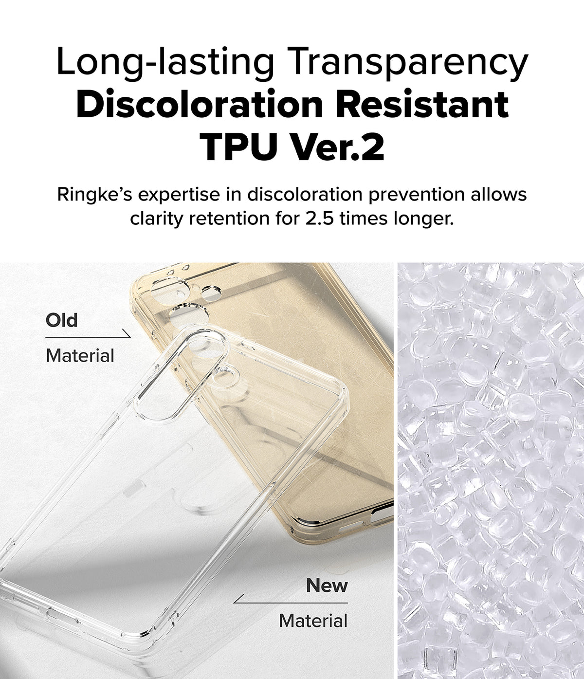 Galaxy S25 Plus Case | Fusion - Comparison of yellowed old TPU case and clear new TPU case with raw material pellets.