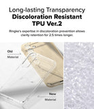 Galaxy S25 Plus Case | Fusion - Comparison of yellowed old TPU case and clear new TPU case with raw material pellets.